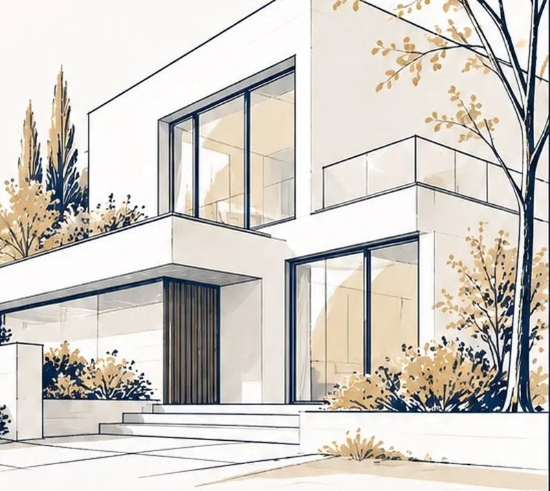 Illustration eines modernen Einfamilienhauses mit Garten