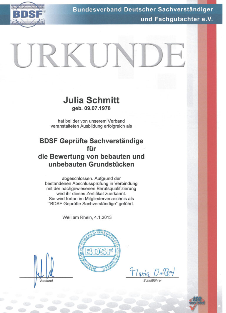 Urkunde: Bundesverband Deutscher Sachverständiger und Fachgutachter e. V. (BDSF)