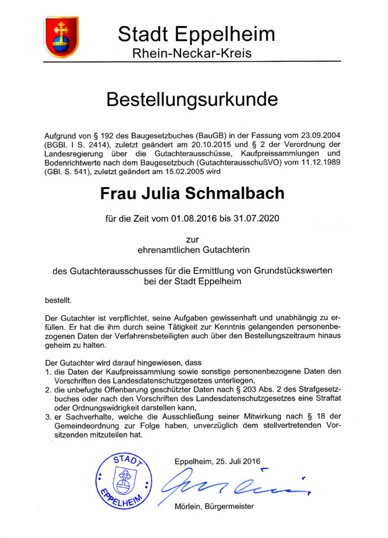 Urkunde: Gutachterausschuss der Stadt Eppelheim