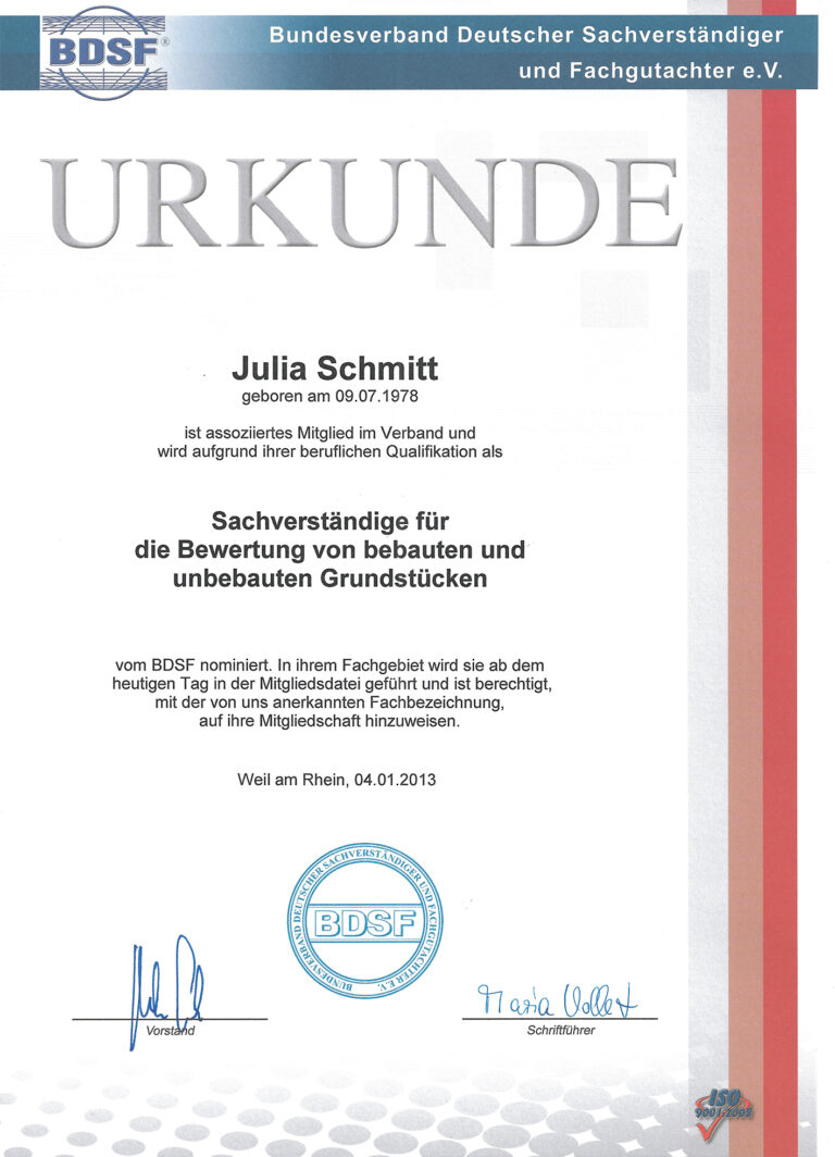 Urkunde: Geprüfte Sachverständige für bebaute und unbebaute Grundstücke