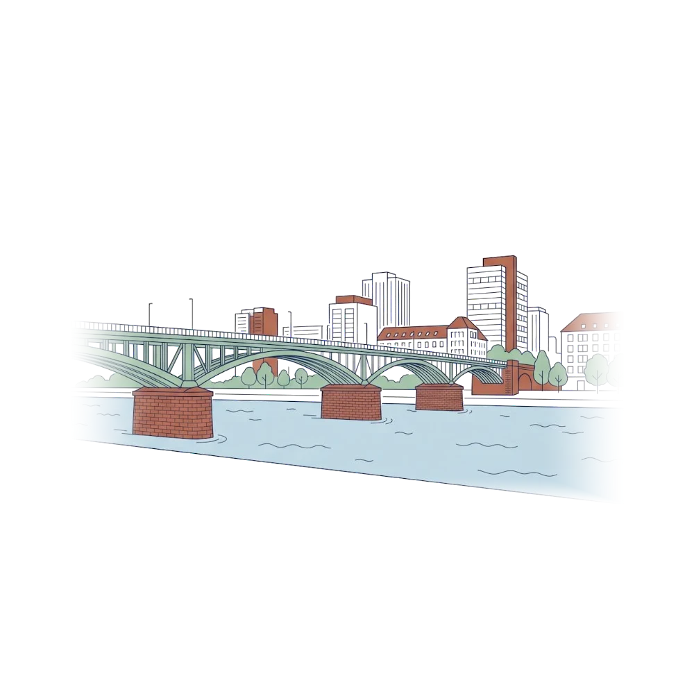 Illustration des Rheinufers in Ludwigshafen mit Brücke